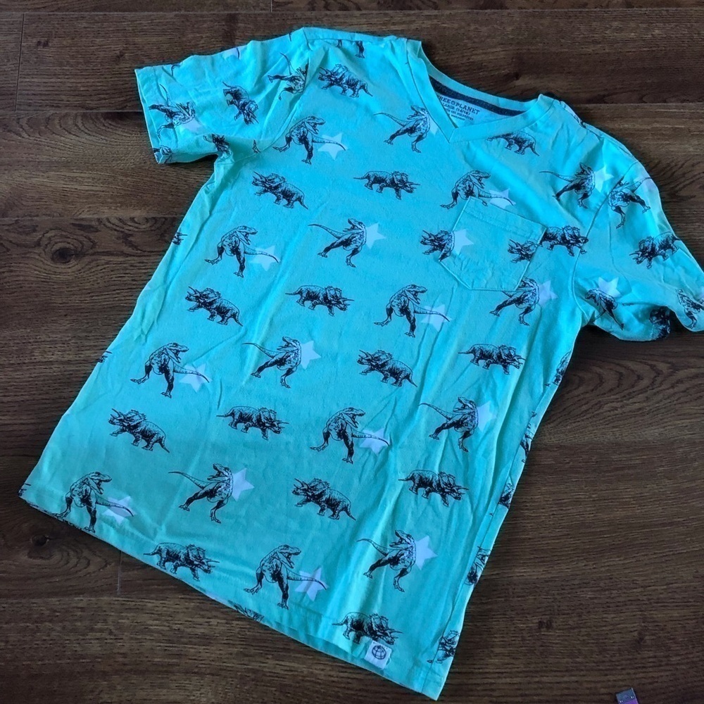 Free Planet green Dino cotton blend v neck short sleeve tee in Size L (14-16)